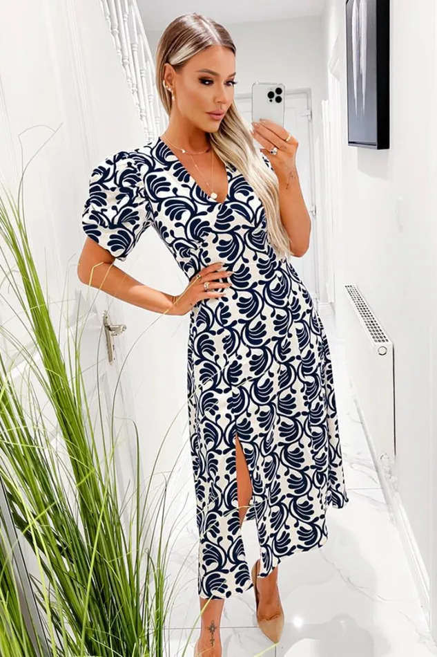 AX Paris Stone And Navy Printed Short Puff Sleeve V Neck Midi Dress Dresses
