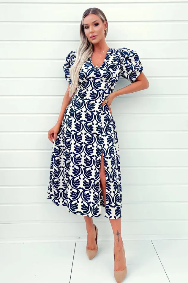 AX Paris Stone And Navy Printed Short Puff Sleeve V Neck Midi Dress Dresses