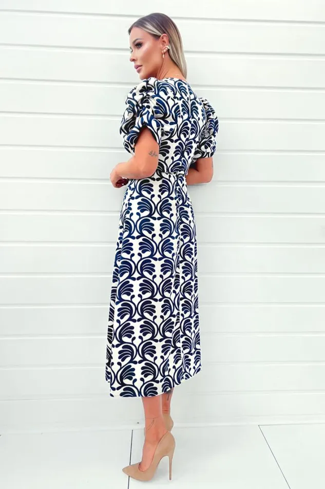 AX Paris Stone And Navy Printed Short Puff Sleeve V Neck Midi Dress Dresses