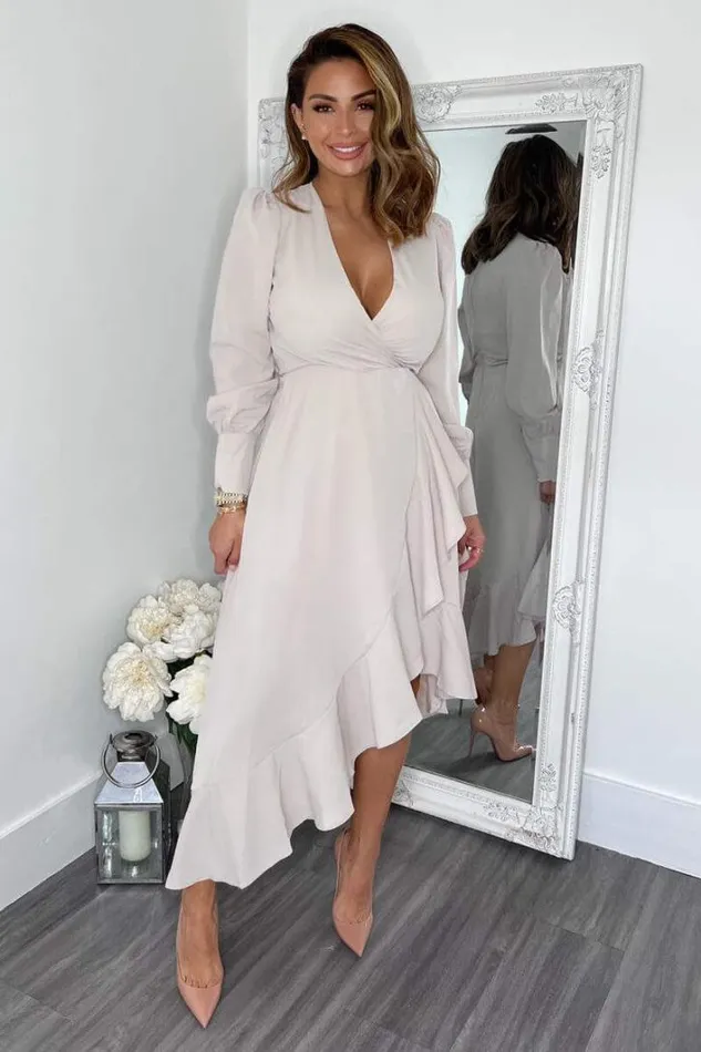 AX Paris Stone Long Sleeve Frill Wrap Midi Dress Dresses