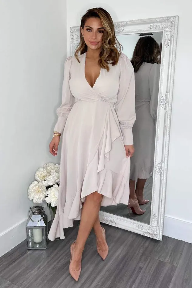 AX Paris Stone Long Sleeve Frill Wrap Midi Dress Dresses