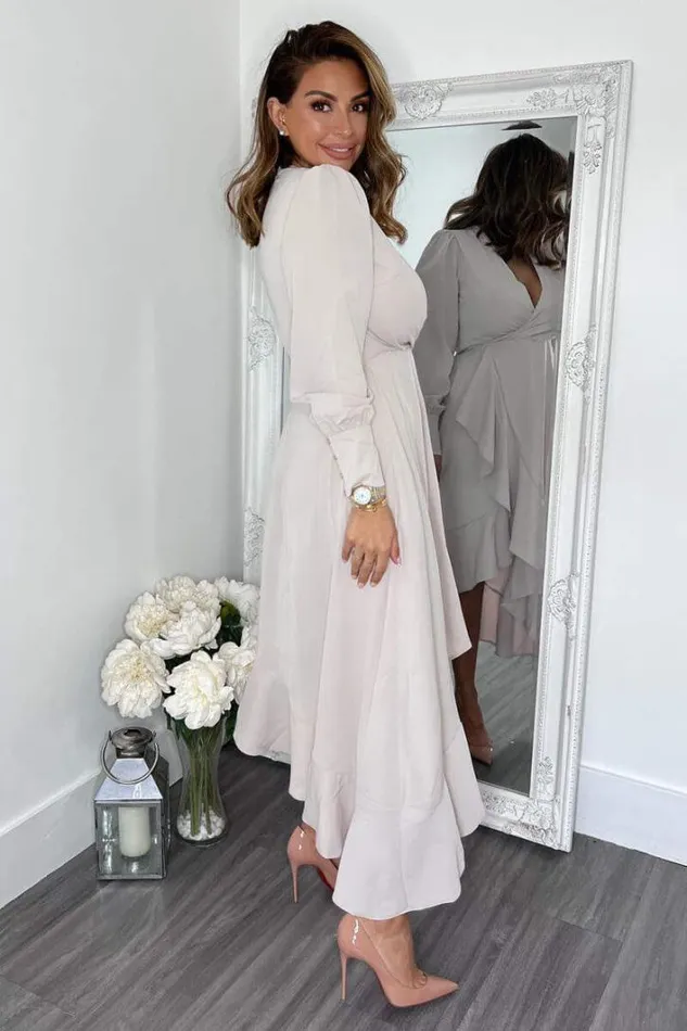 AX Paris Stone Long Sleeve Frill Wrap Midi Dress Dresses