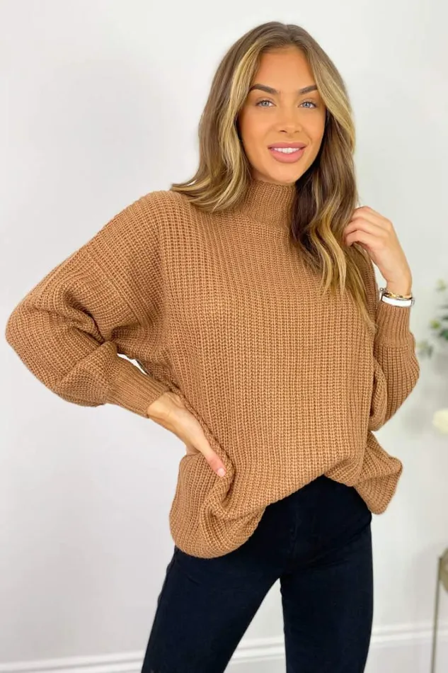 AX Paris Tan High Neck Knitted Jumper Knitwear