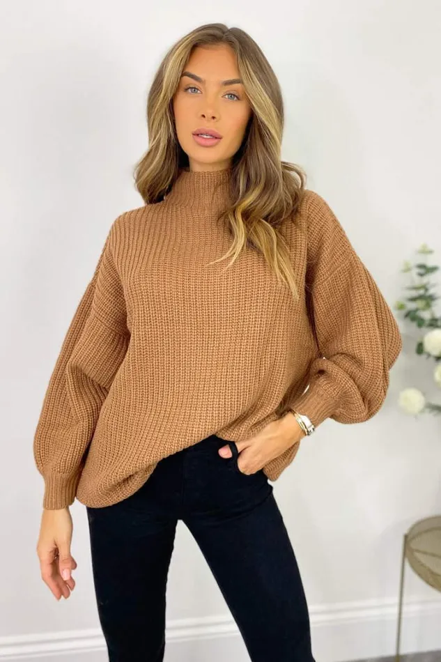 AX Paris Tan High Neck Knitted Jumper Knitwear