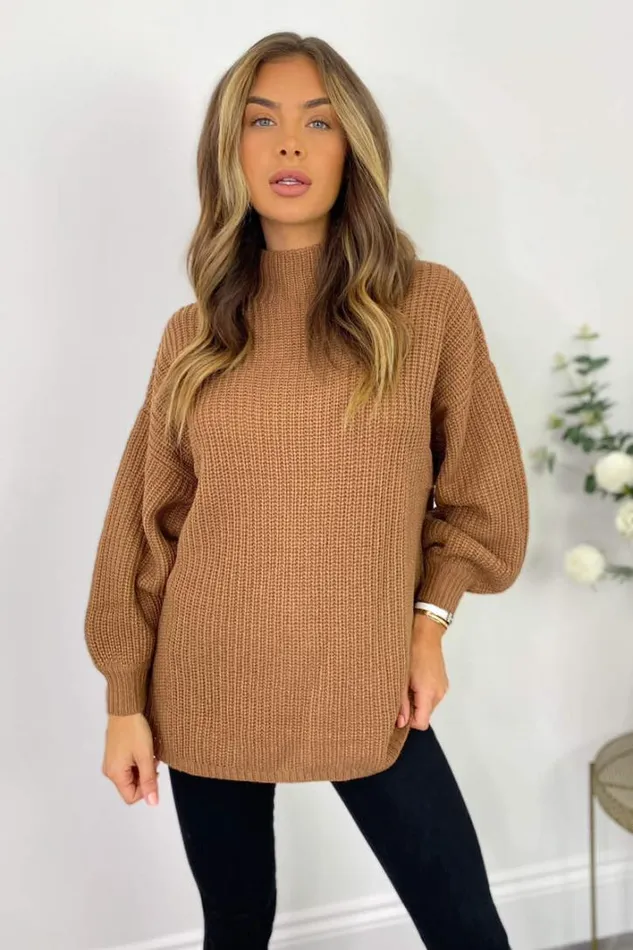 AX Paris Tan High Neck Knitted Jumper Knitwear