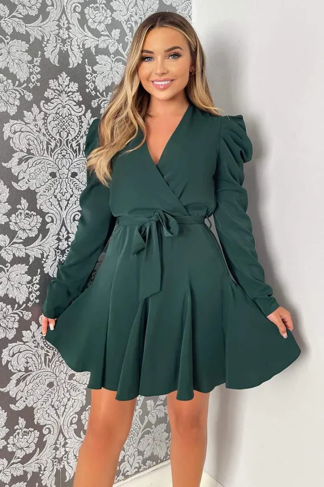 AX Paris Teal Long Sleeve Tie Waist Skater Dress Dresses