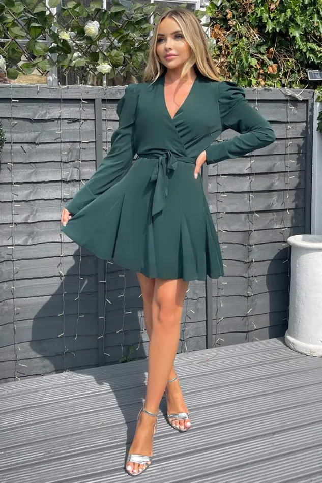 AX Paris Teal Long Sleeve Tie Waist Skater Dress Dresses