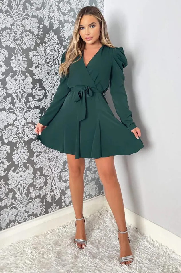 AX Paris Teal Long Sleeve Tie Waist Skater Dress Dresses