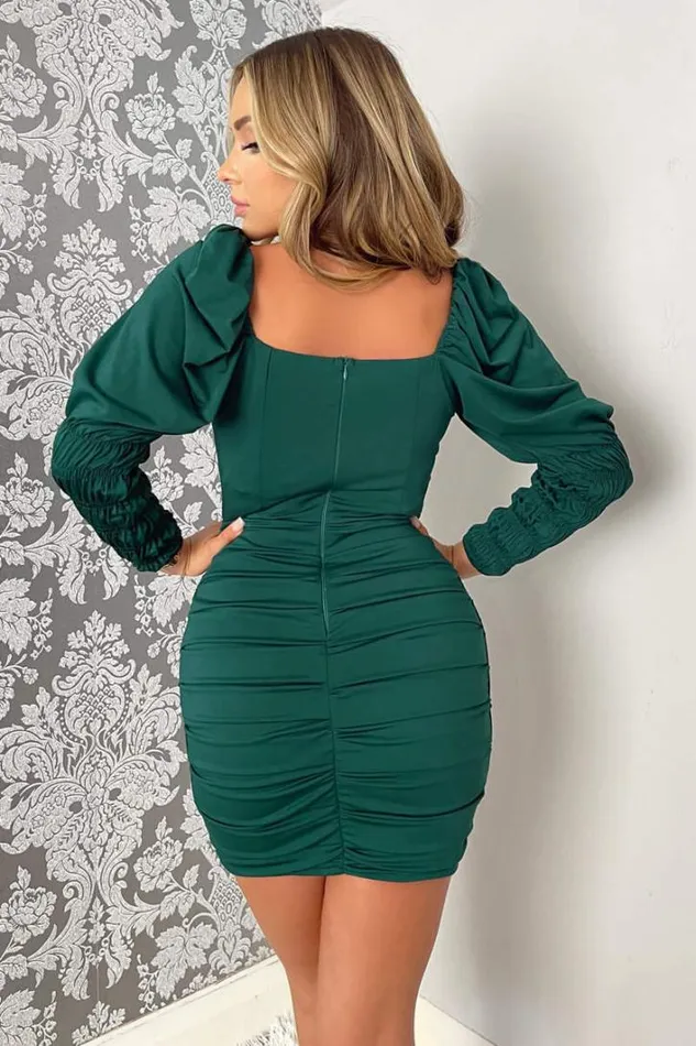 AX Paris Teal Shirred Sleeve Ruched Skirt Mini Bodycon Dress Dresses