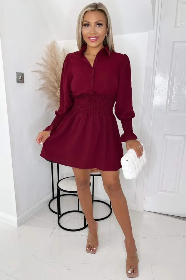AX Paris Wine Shirred Waist Long Sleeve Shirt Dress Dresses