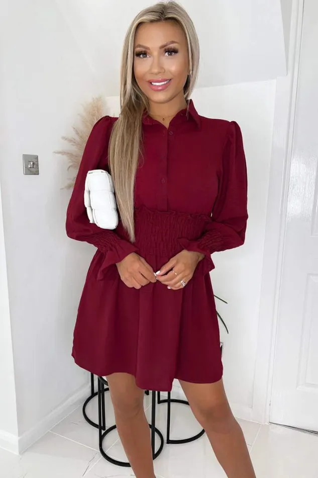 AX Paris Wine Shirred Waist Long Sleeve Shirt Dress Dresses