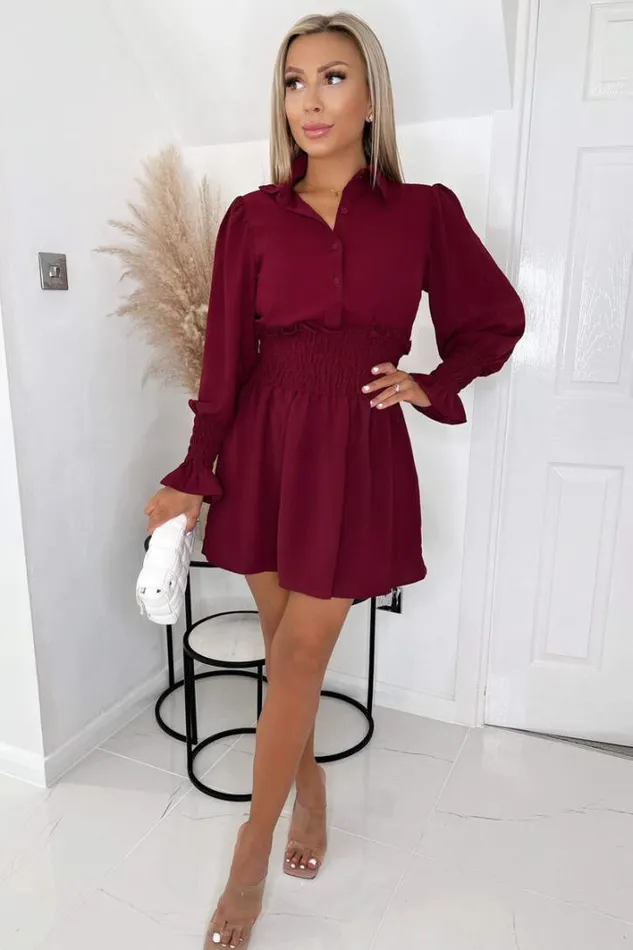 AX Paris Wine Shirred Waist Long Sleeve Shirt Dress Dresses