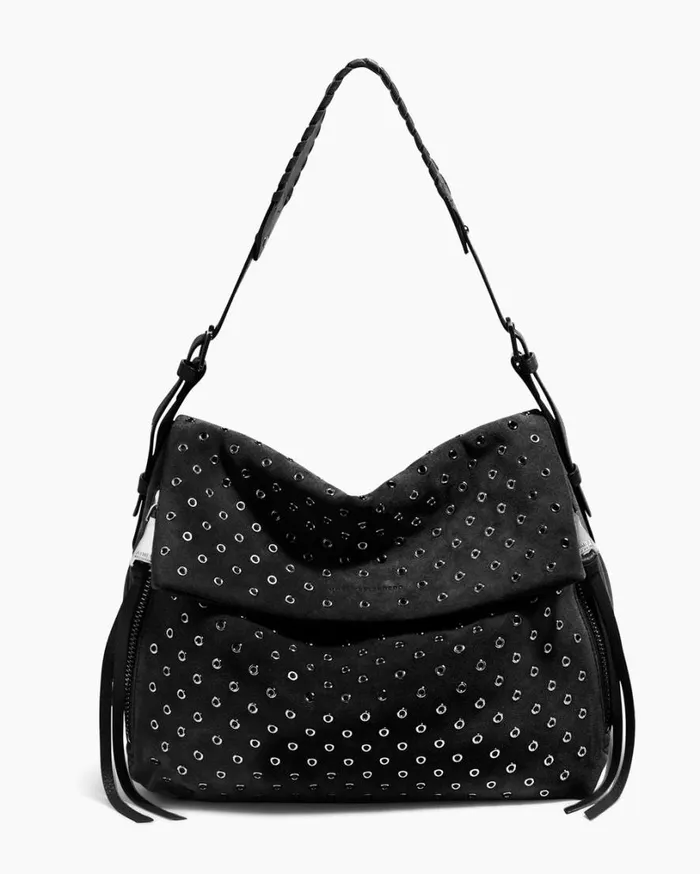 Bali Novelty Double Entry Hobo In Luxury Suede Black With Eyelets Women Aimee Kestenberg Shoulder Bags Bali Novelty Double Entry Hobo In Luxury Suede Black With Eyelets Women Aimee Kestenberg Shoulder Bags