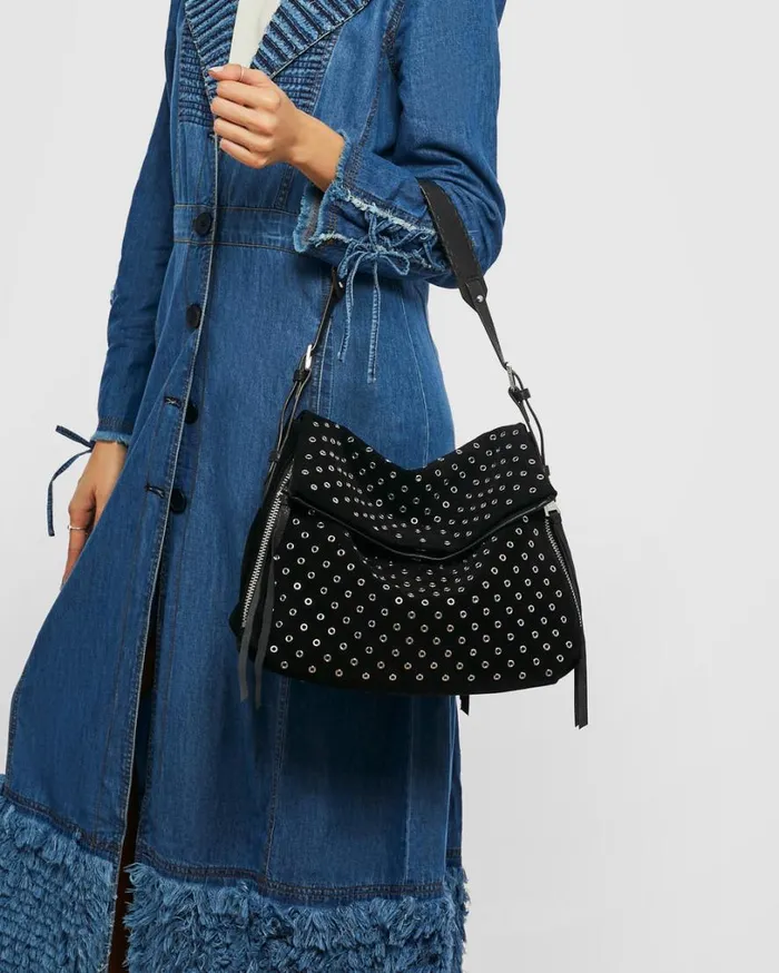 Bali Novelty Double Entry Hobo In Luxury Suede Black With Eyelets Women Aimee Kestenberg Shoulder Bags