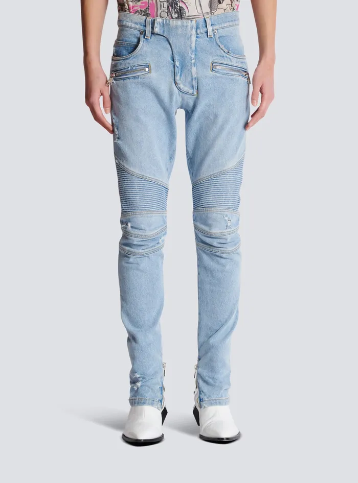 Balmain Denim Men Light Blue Denim Biker Jeans Blue