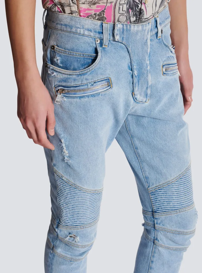 Balmain Denim Men Light Blue Denim Biker Jeans Blue