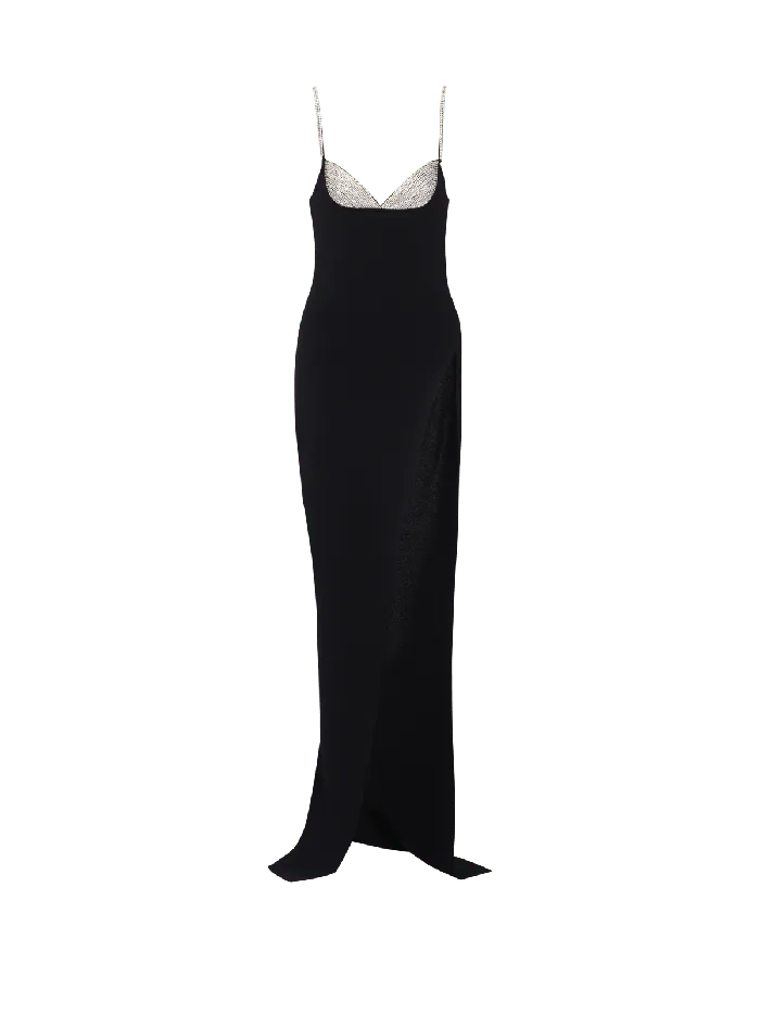 Balmain Dresses Women Long Embroidered Knit Dress With Leg Slit Black