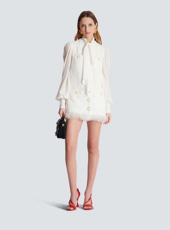 Balmain Dresses Women Tweed Dress With Pussybow Collar White