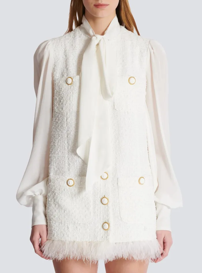 Balmain Dresses Women Tweed Dress With Pussybow Collar White