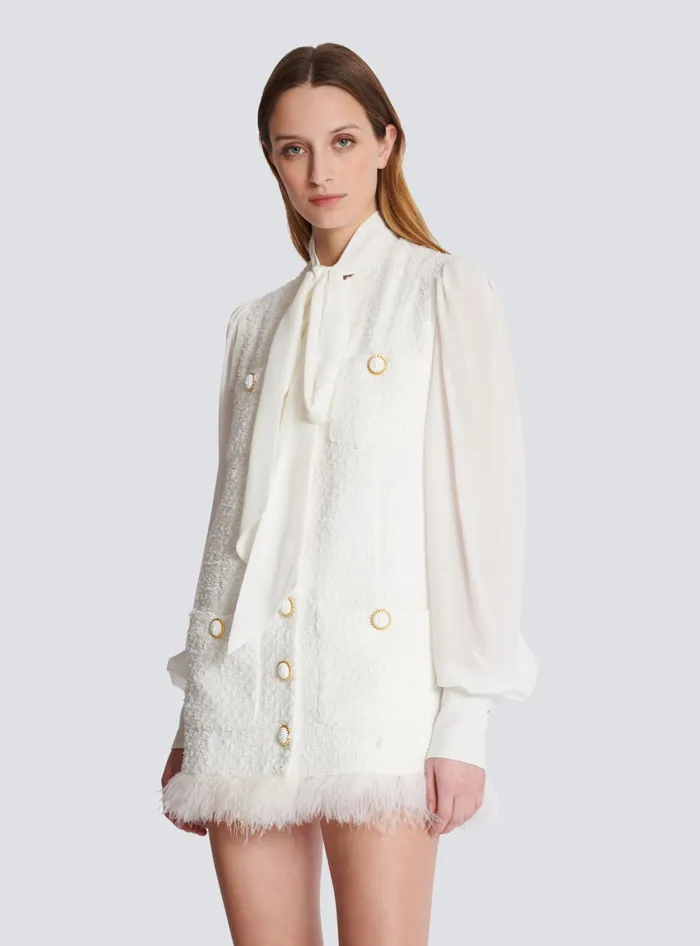 Balmain Dresses Women Tweed Dress With Pussybow Collar White