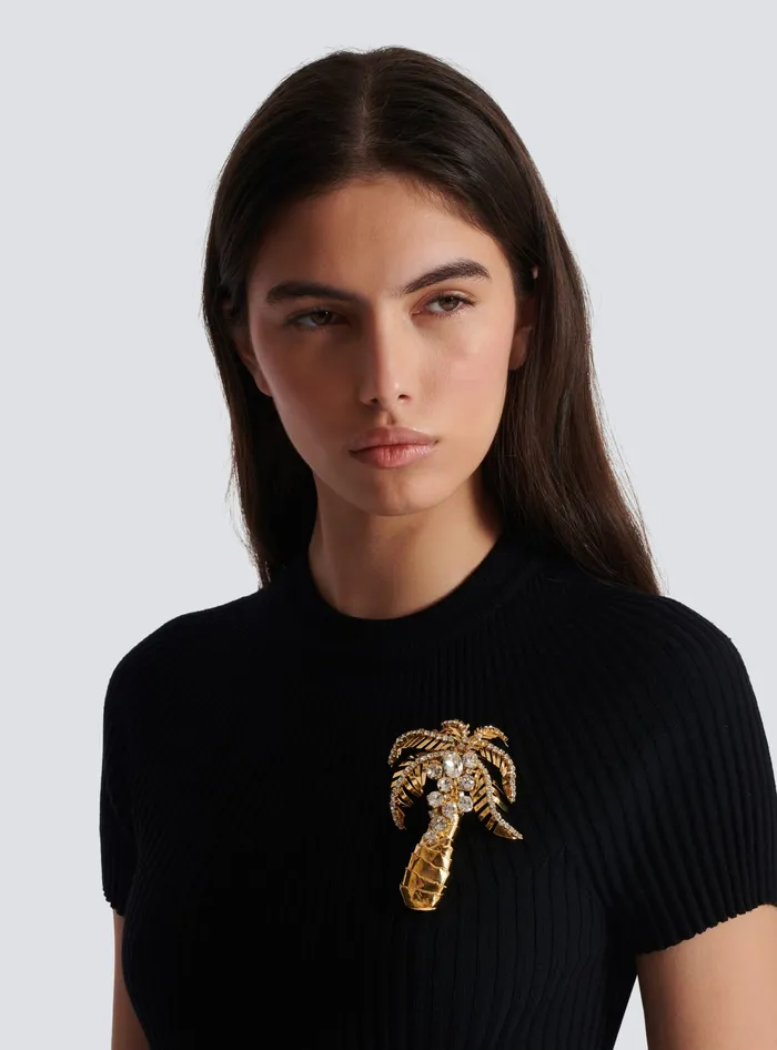 Balmain Fashion Jewelry Women Brass And Crystal Palm Tree Brooch Gold