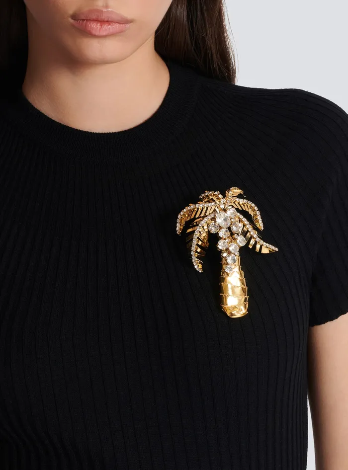 Balmain Fashion Jewelry Women Brass And Crystal Palm Tree Brooch Gold