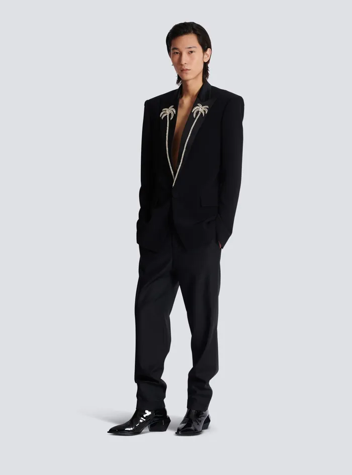 Balmain Jackets And Blazers Men 1button Jacket With Embroidered Palm Tree Collar Black