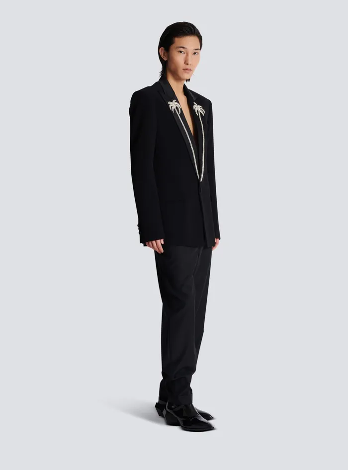 Balmain Jackets And Blazers Men 1button Jacket With Embroidered Palm Tree Collar Black