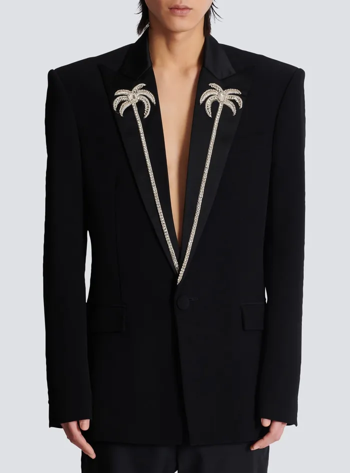Balmain Jackets And Blazers Men 1button Jacket With Embroidered Palm Tree Collar Black