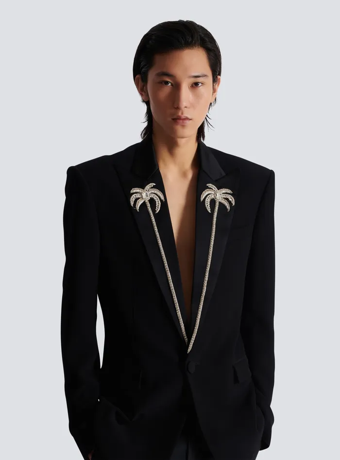 Balmain Jackets And Blazers Men 1button Jacket With Embroidered Palm Tree Collar Black