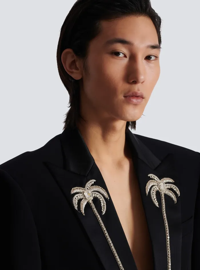 Balmain Jackets And Blazers Men 1button Jacket With Embroidered Palm Tree Collar Black