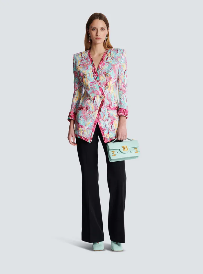 Balmain Jackets And Blazers Women Long 6button Jacket With Feather Print Multicolor