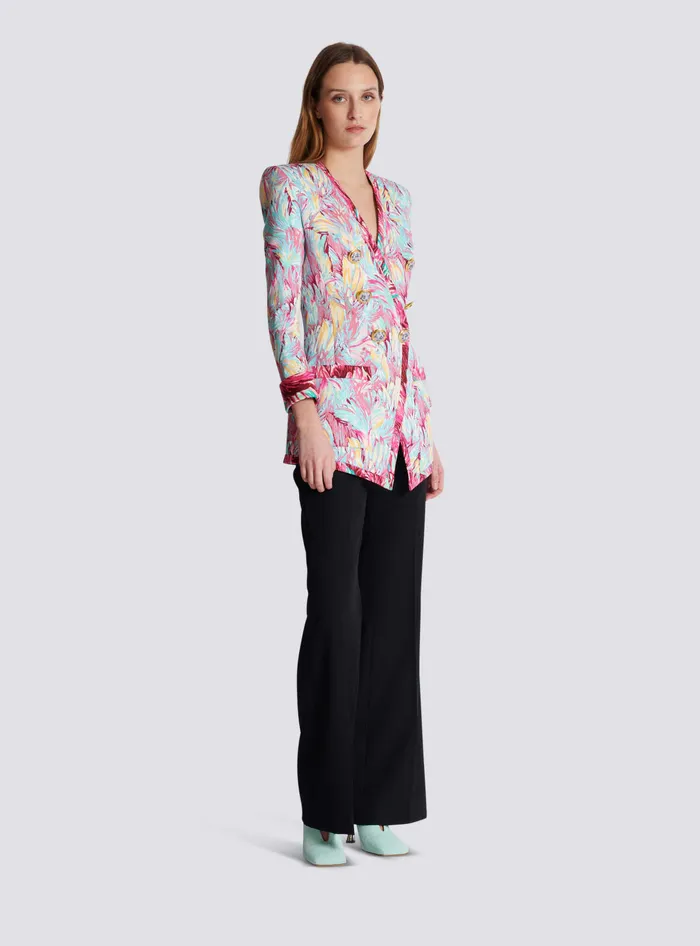 Balmain Jackets And Blazers Women Long 6button Jacket With Feather Print Multicolor