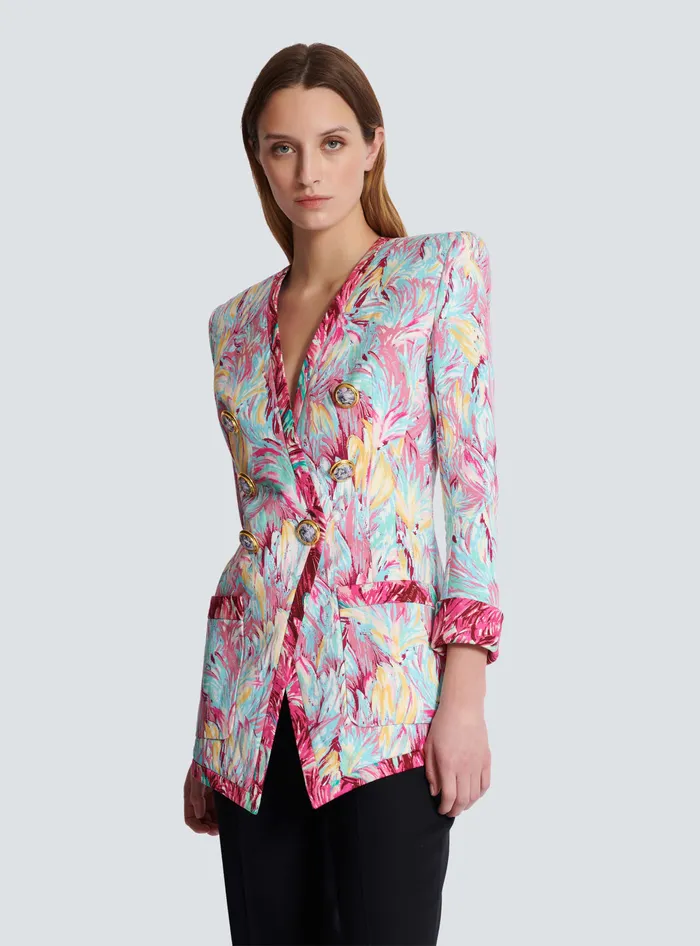 Balmain Jackets And Blazers Women Long 6button Jacket With Feather Print Multicolor