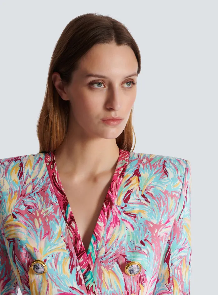 Balmain Jackets And Blazers Women Long 6button Jacket With Feather Print Multicolor