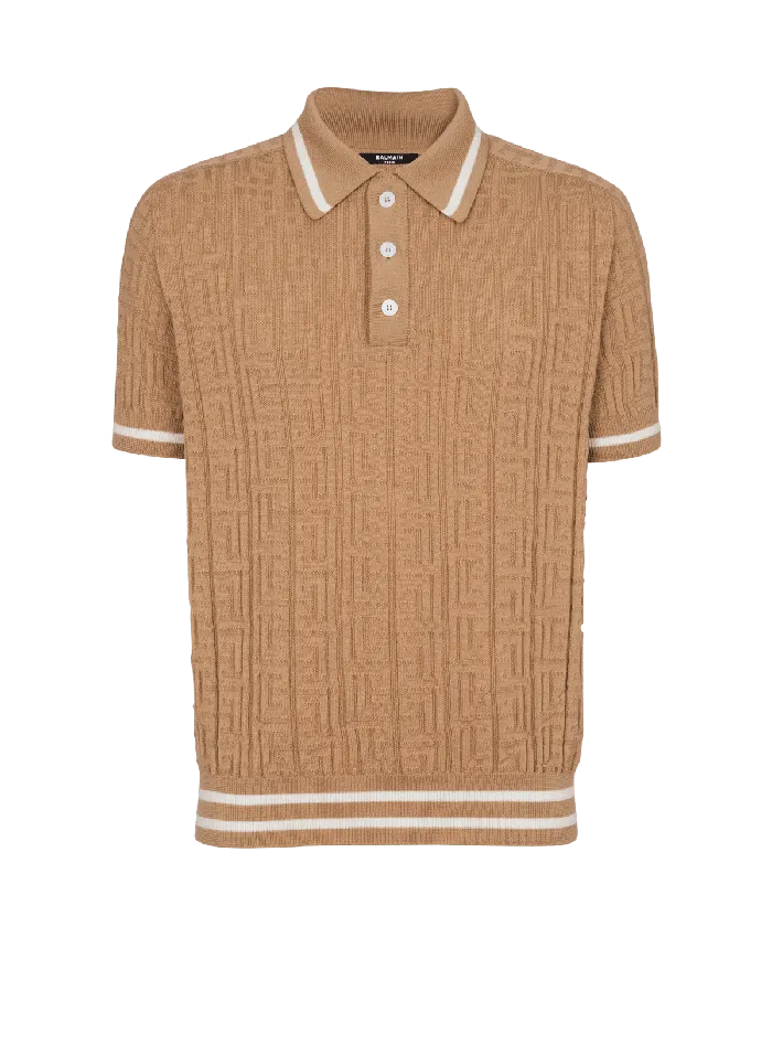 Balmain Knitwear Men PB Labyrinth Wool Polo Shirt Beige