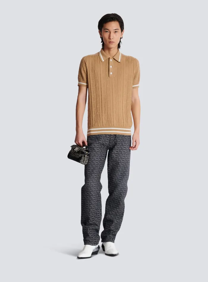 Balmain Knitwear Men PB Labyrinth Wool Polo Shirt Beige