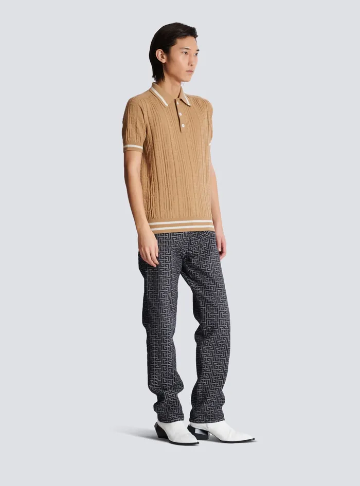 Balmain Knitwear Men PB Labyrinth Wool Polo Shirt Beige