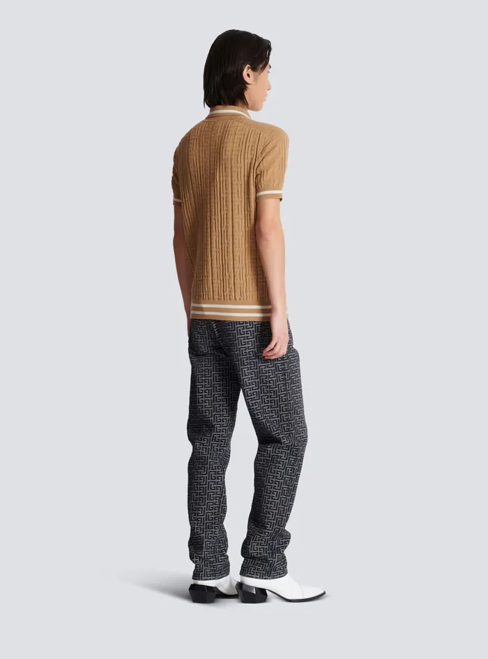 Balmain Knitwear Men PB Labyrinth Wool Polo Shirt Beige