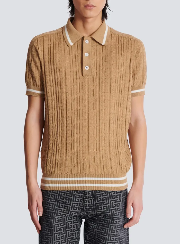 Balmain Knitwear Men PB Labyrinth Wool Polo Shirt Beige