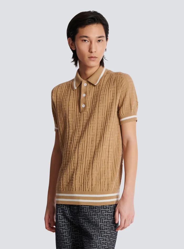 Balmain Knitwear Men PB Labyrinth Wool Polo Shirt Beige