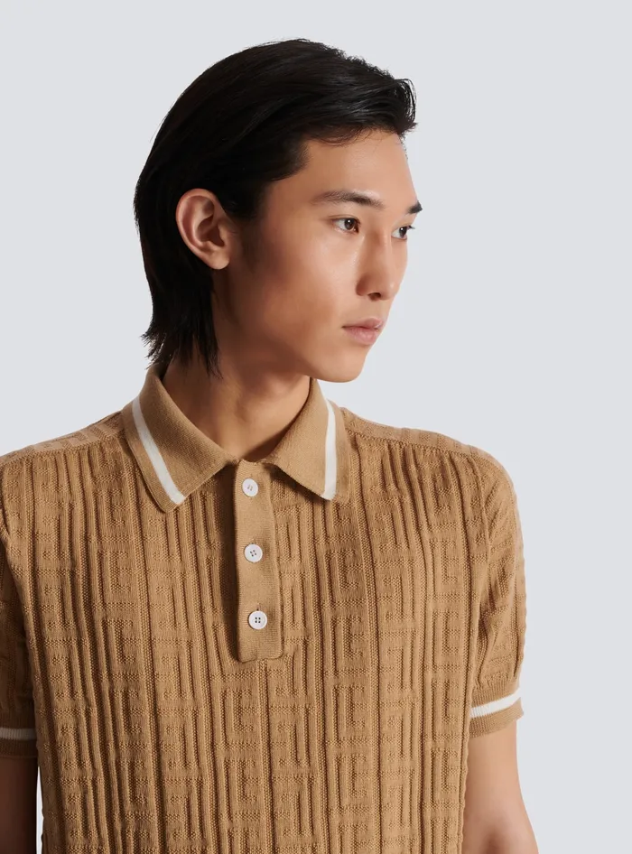 Balmain Knitwear Men PB Labyrinth Wool Polo Shirt Beige