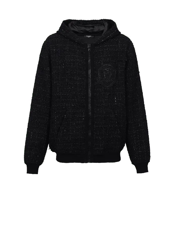 Balmain Knitwear Men Tweed Hooded Jacket Black