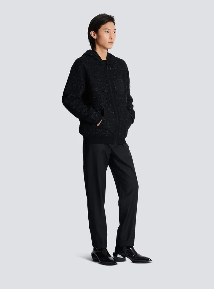 Balmain Knitwear Men Tweed Hooded Jacket Black