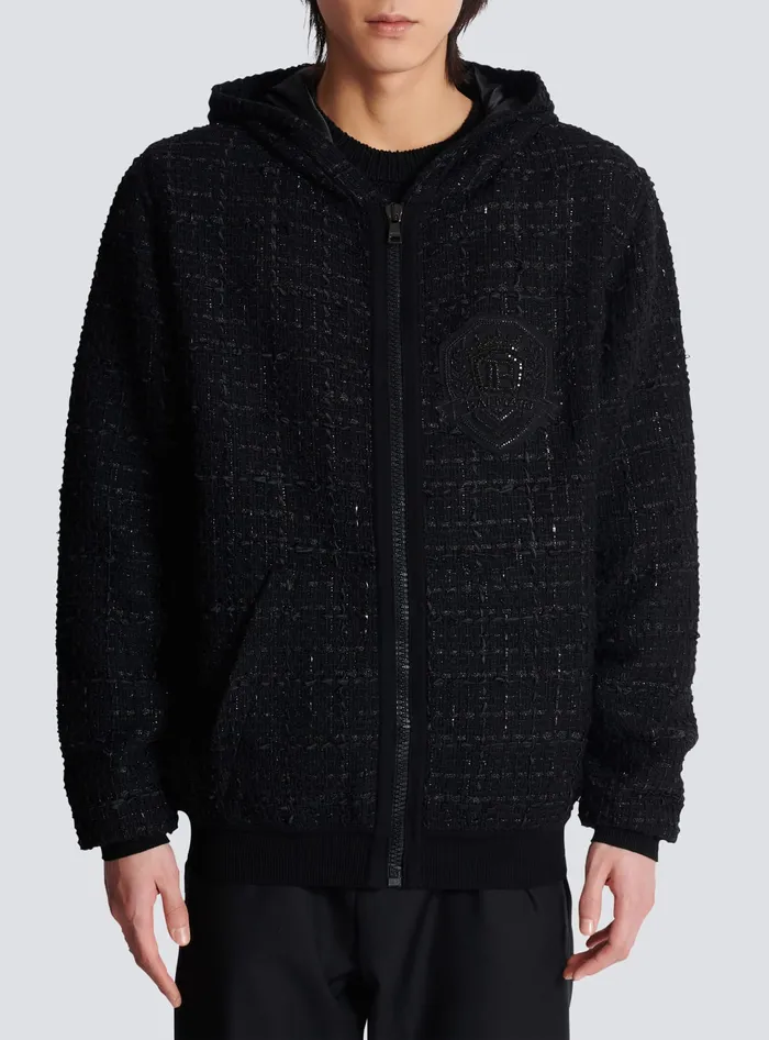 Balmain Knitwear Men Tweed Hooded Jacket Black