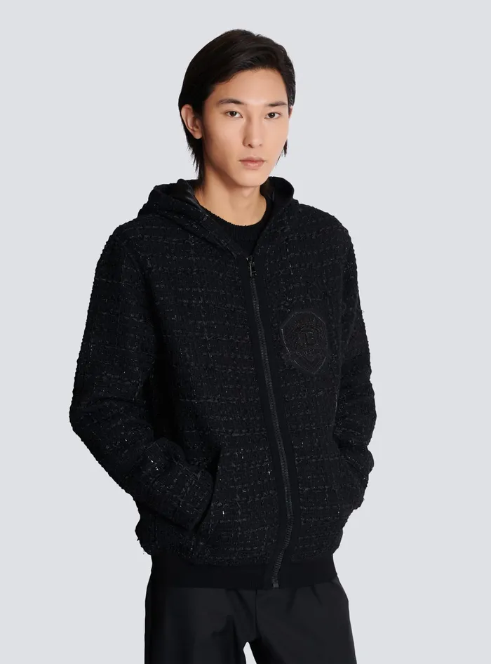 Balmain Knitwear Men Tweed Hooded Jacket Black