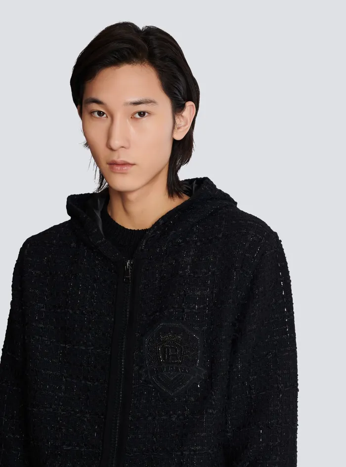 Balmain Knitwear Men Tweed Hooded Jacket Black