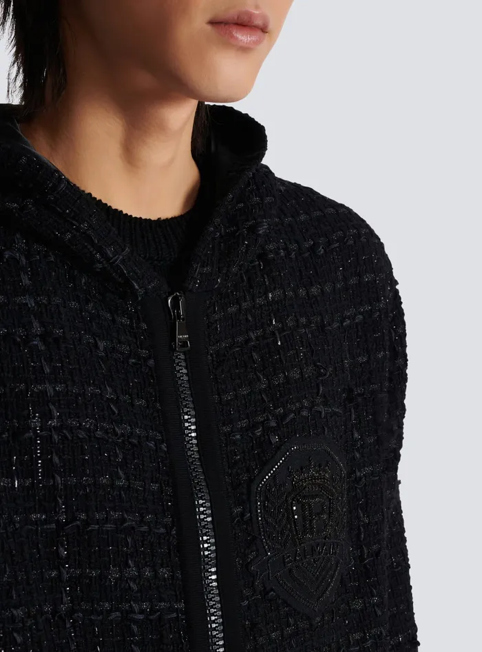 Balmain Knitwear Men Tweed Hooded Jacket Black