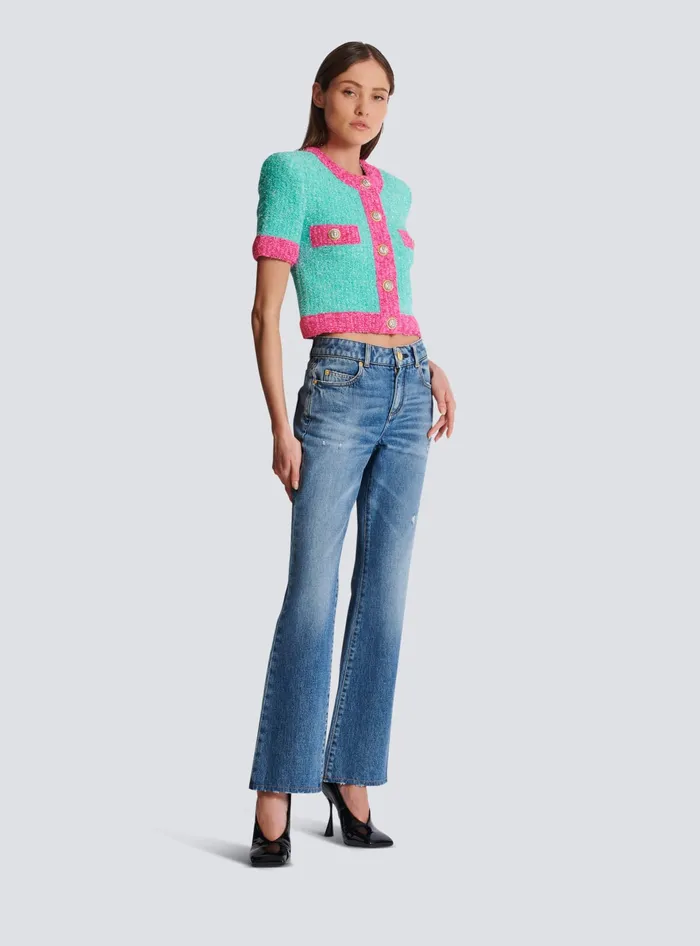 Balmain Knitwear Women Twotone Cropped Knit Cardigan Multicolor