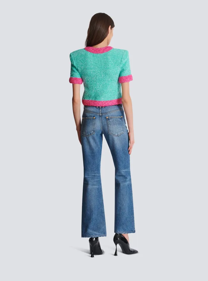 Balmain Knitwear Women Twotone Cropped Knit Cardigan Multicolor